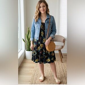 LuLaRoe Nicole Dress - Black with Vibrant Yellow Rose Floral Print